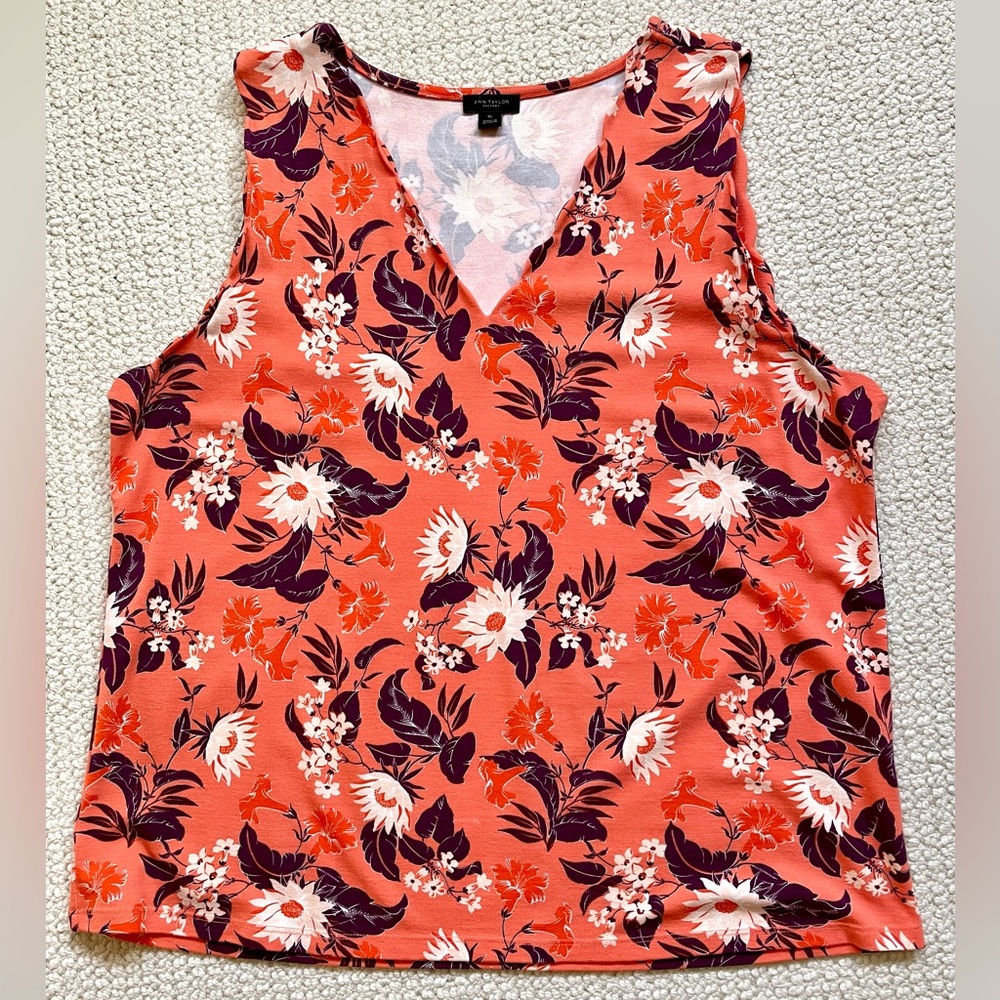 EUC 🧡 Ann Taylor Floral V-Neck Tank | Coral Botanical | XL